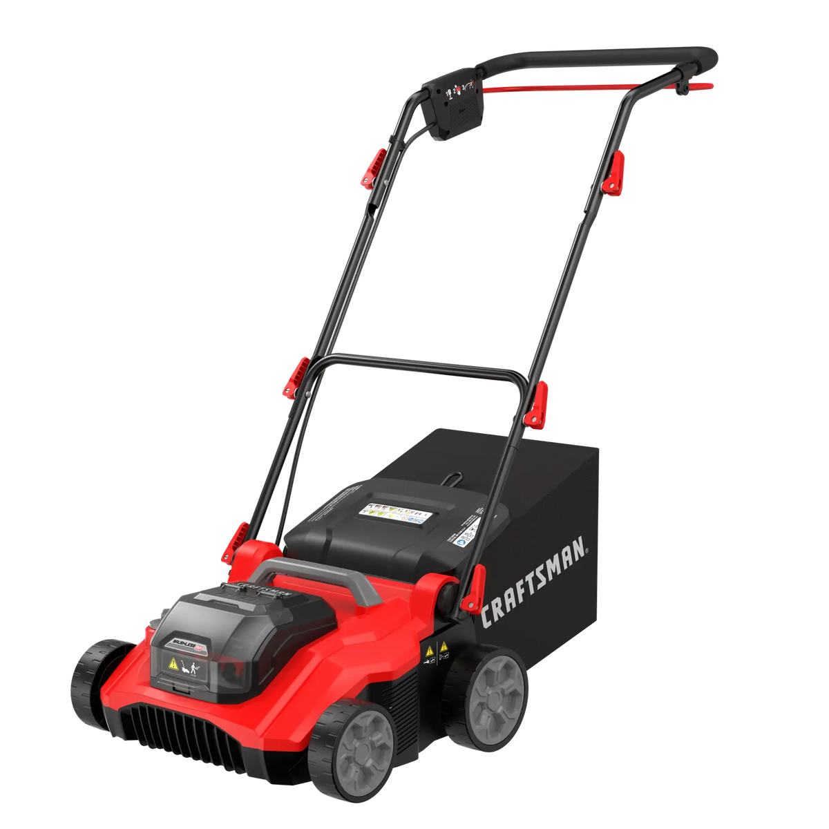 Photo of Craftsman CMCOE210P2 red and black electric lawn mower with rear grass bag, angled view.