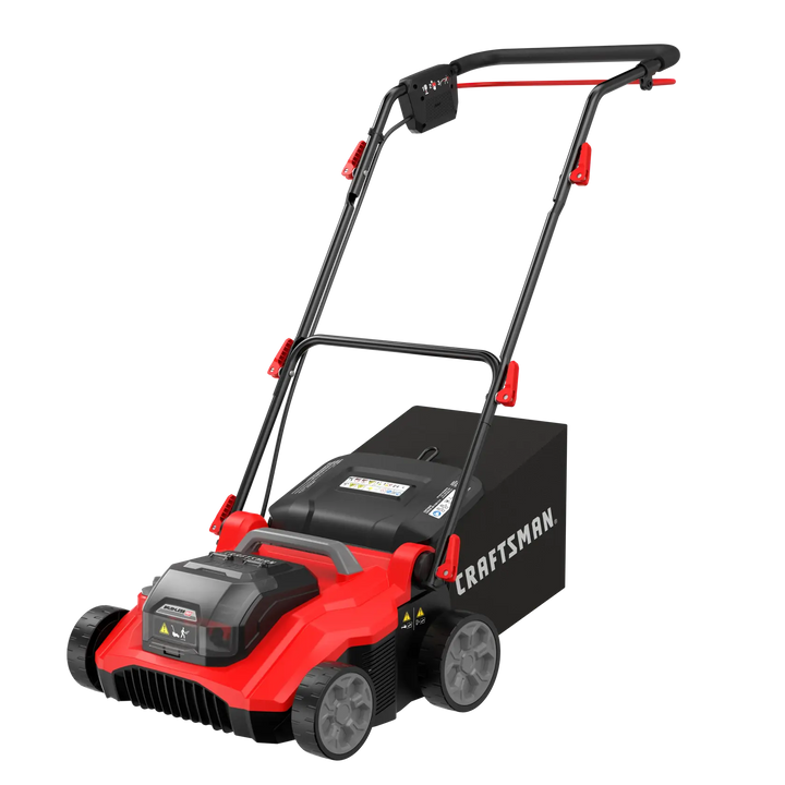 Photo of Craftsman CMCOE210P2 red and black electric lawn mower with rear grass bag, angled view.