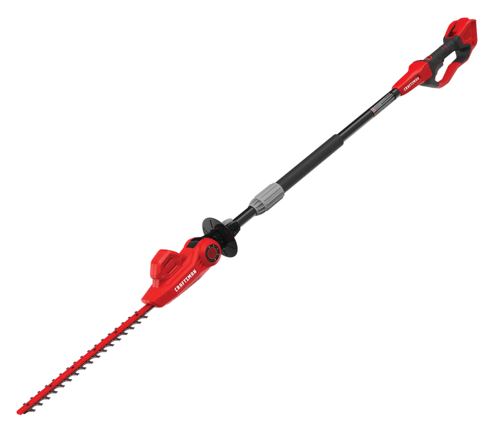 Photo of CRAFTSMAN CMCPHT818B pole hedge trimmer, red and black, side angle on white background.