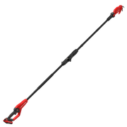 Photo of Craftsman CMCPPR320D1 cordless pole pruner, red and black, side angle on white background.