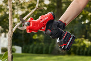 Photo of Craftsman CMCPR320C1 cordless electric pruner being used to cut a tree branch outdoors.