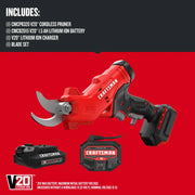 Photo of Craftsman CMCPR320C1 cordless pruner set with red and black V20 tool, battery, and charger on white background.