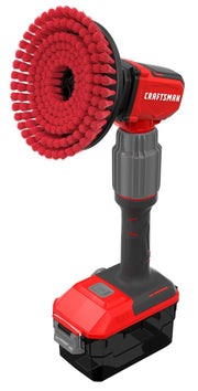 A cordless red and black handheld cleaning tool with a large round brush head attachment, branded with the word 'CRAFTSMAN' on the side.