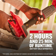 Close-up of Craftsman V20 power tool CMCPS520B, user inserting battery, with runtime text overlay, indoor setting.