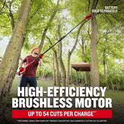Photo of person using CRAFTSMAN pole saw CMCPS630B outdoors to trim tree branches, wearing safety gear.