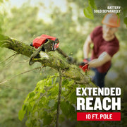 Photo of Craftsman pole saw CMCPS630B cutting a tree branch outdoors, text highlights 10 ft. pole and extended reach.