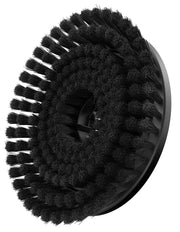 Close-up image of a circular black brush head with densely packed bristles, suitable for attachment to a cleaning device or machine.