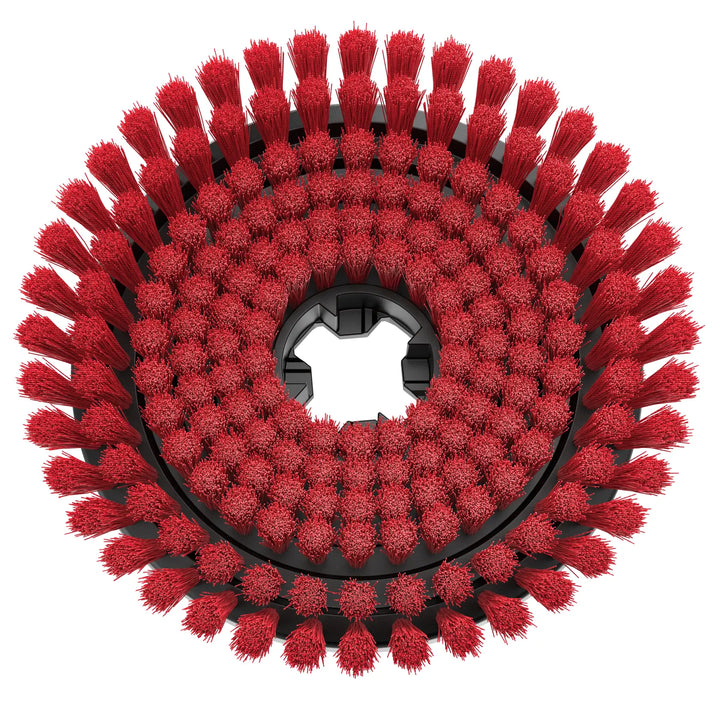 A close-up view of a circular industrial brush attachment with dense red bristles arranged in concentric rings on a black base.