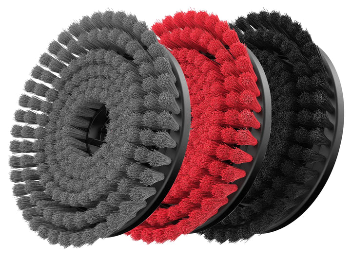 Craftsman CMCPSMHB power scrubber brush set, gray, red, black bristles, front angle, white background