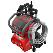 Photo of Craftsman red pressure washer CMCPW1500N2 with grey hose, front angle on white background.