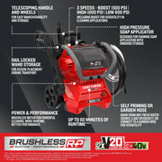 Photo of CRAFTSMAN brushless pressure washer CMCPW1500N2, red unit with telescoping handle, wheels, and hose, front angle.