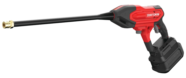 Photo of Craftsman cordless power washer CMCPW350B, red and black, side angle on white background.