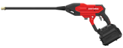 Photo of Craftsman CMCPW350D1 cordless red and black pressure washer, side angle on white background.