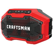 Craftsman CMCR001B red and black portable Bluetooth speaker, front angle, hexagonal grill, control buttons.