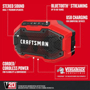Photo of Craftsman Bluetooth speaker CMCR001B, red and black, front angle, V20, dual speakers, Versatrack compatible.
