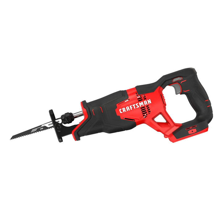 Photo of Craftsman CMCS300B cordless reciprocating saw, red and black, side angle on white background.