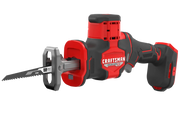 Photo of Craftsman cordless reciprocating saw, SKU CMCS340B, red and black, side angle, blade attached.