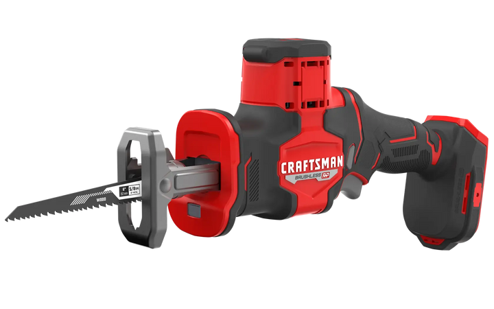 Photo of Craftsman cordless reciprocating saw, SKU CMCS340B, red and black, side angle, blade attached.