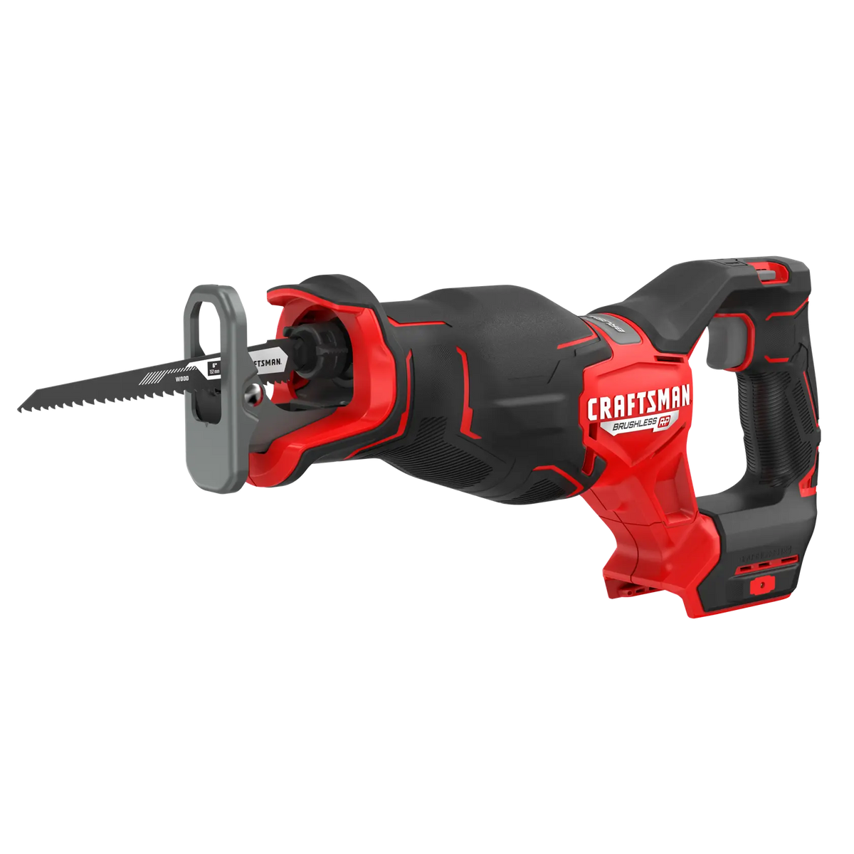 Photo of CRAFTSMAN brushless cordless reciprocating saw, black and red, SKU CMCS351B, side angle.