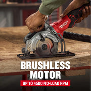 Photo of Craftsman CMCS405B cordless circular saw with brushless motor cutting wood, red and black handle visible.