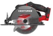 Photo of CRAFTSMAN CMCS500B cordless circular saw, side view, red and black, blade visible.