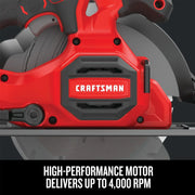 Photo of CRAFTSMAN CMCS500B cordless circular saw close-up, red and black body, high-performance motor highlighted.