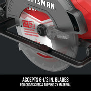 Photo of Craftsman circular saw CMCS500B, close-up of blade housing with 6-1/2 inch framing blade visible.