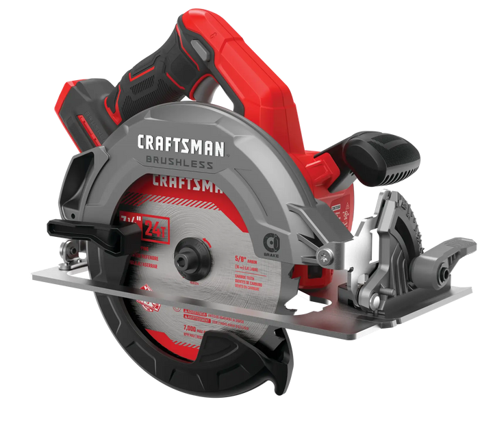 Photo of Craftsman brushless cordless circular saw CMCS550B, side angle, red and black design.