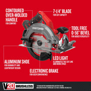 Photo of Craftsman CMCS550B circular saw with red and black brushless design, 7-1/4 inch blade, aluminum shoe, contoured handle, electronic brake, and LED light, front angle on white background.