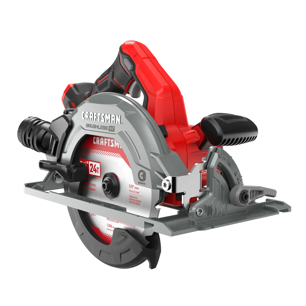 Photo of CRAFTSMAN brushless cordless circular saw, model CMCS551B, side angle on white background.