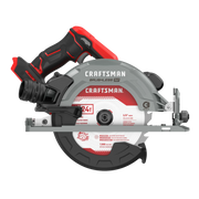 Photo of Craftsman cordless circular saw CMCS551B, gray and red, side view on white background.