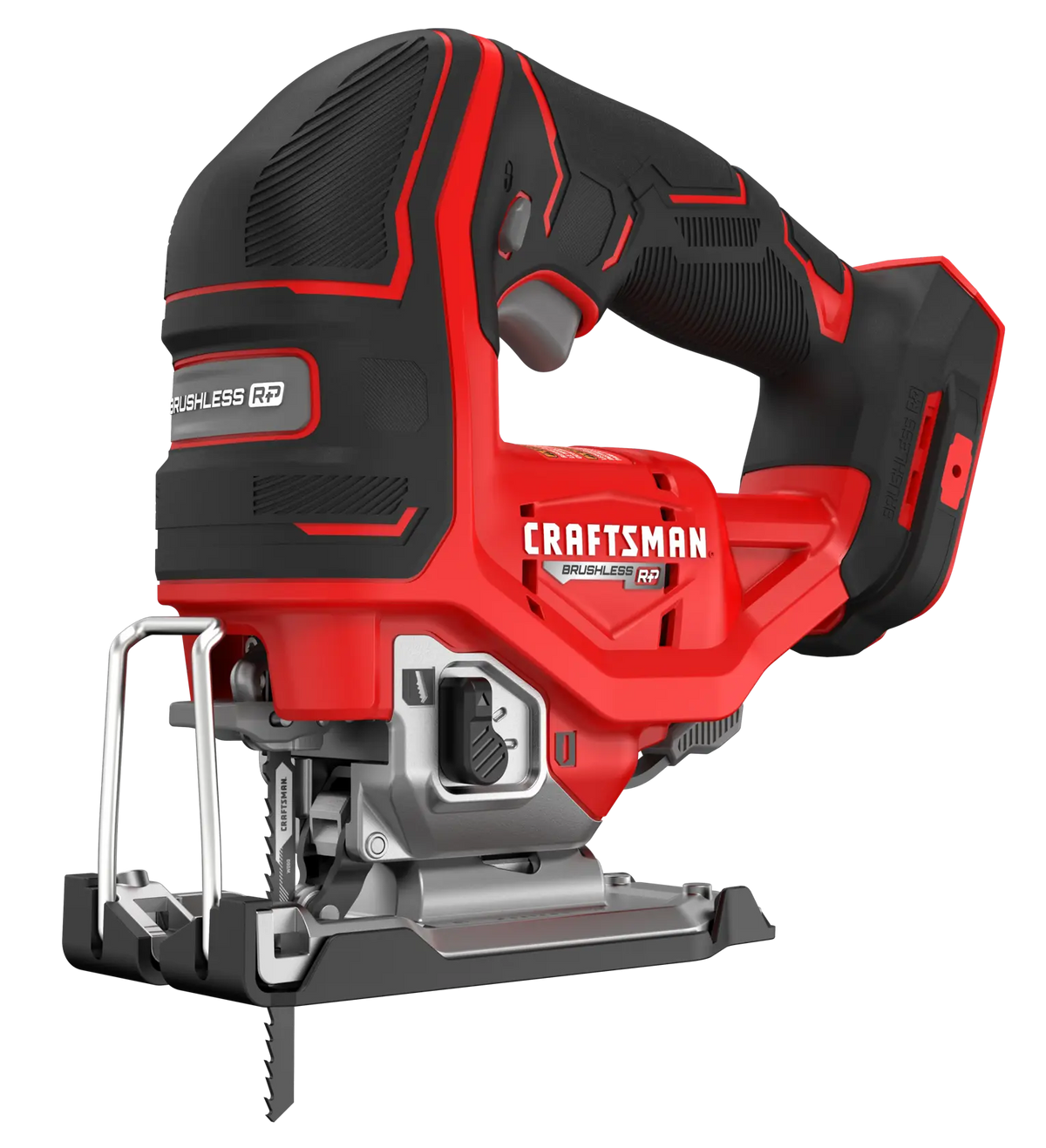 Photo of Craftsman cordless brushless jigsaw, red and black, SKU CMCS650B, front angled view, power tool.