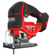 Photo of Craftsman cordless brushless jigsaw, red and black, SKU CMCS650B, front angled view, power tool.