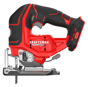 Photo of Craftsman cordless brushless jigsaw, model CMCS650B, red and black, side angle on white background.