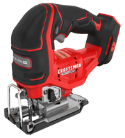 Photo of Craftsman cordless jigsaw CMCS650B, red and black, angled view on white background.