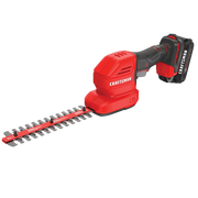 Craftsman V20 cordless hedge trimmer CMCHGBL821D1 red and black, white background beauty shot, front angle.