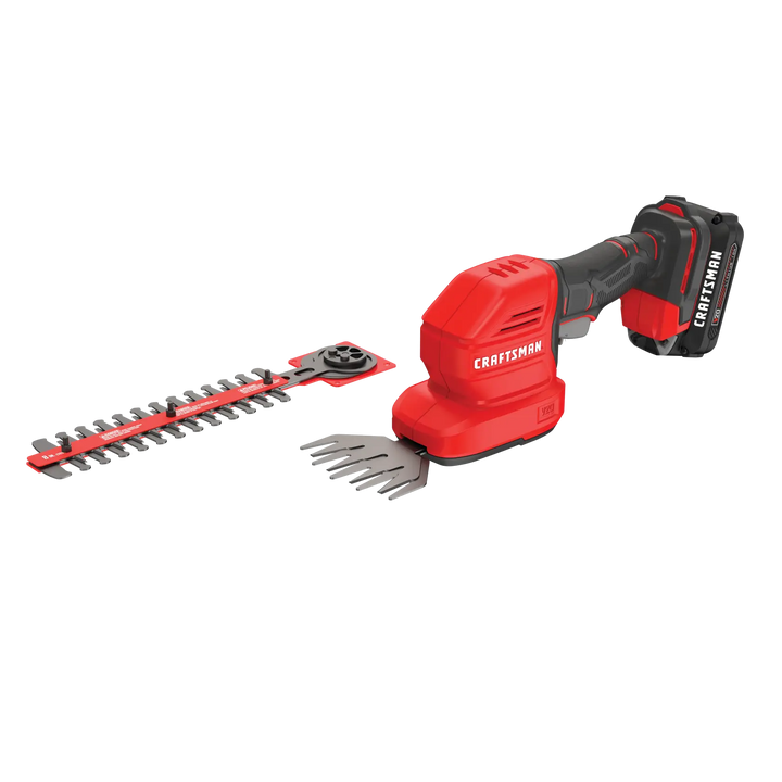 Craftsman CMCSS800C1 cordless garden shear and hedge trimmer, red and black, front angle on white background