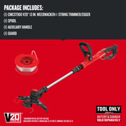 Photo of Craftsman CMCST900B V20 string trimmer/edger with spool and auxiliary handle on red background.