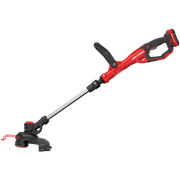 Photo of CRAFTSMAN CMCST900D1 red and black cordless string trimmer, side angle, on white background.