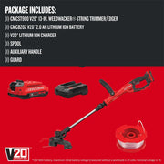 Photo of Craftsman V20 string trimmer kit with battery, charger, spool, handle, guard; SKU CMCST900D1.