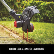 Craftsman CMCST900D1 string trimmer shown edging lawn, close-up photo of cutting head and wheel.