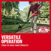 Photo of a person using a Craftsman CMCST901B string trimmer on a lawn, highlighting turn-to-edge functionality.