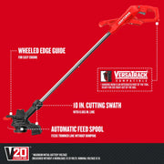 Craftsman V20 cordless string trimmer, red and black, wheeled guide, automatic feed, SKU CMCST915B, side angle.