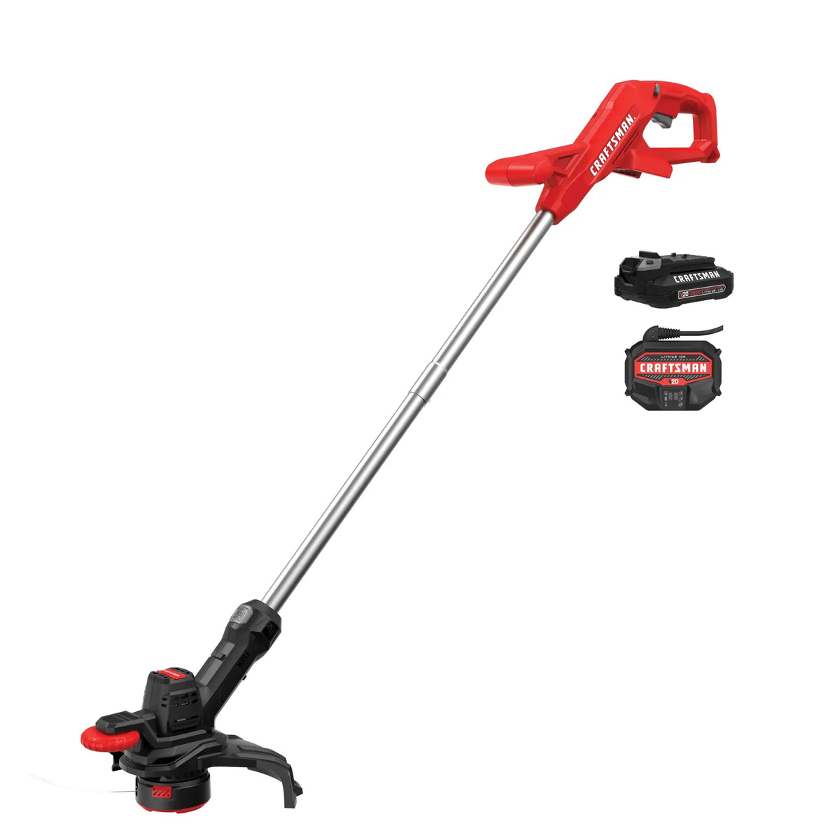 Craftsman cordless string trimmer with battery and charger, red and black, side angle, CMCST915C1.