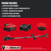 Photo of Craftsman CMCST920M1 string trimmer kit with V20 lithium ion battery, charger, spool, and auxiliary handle; front angle.
