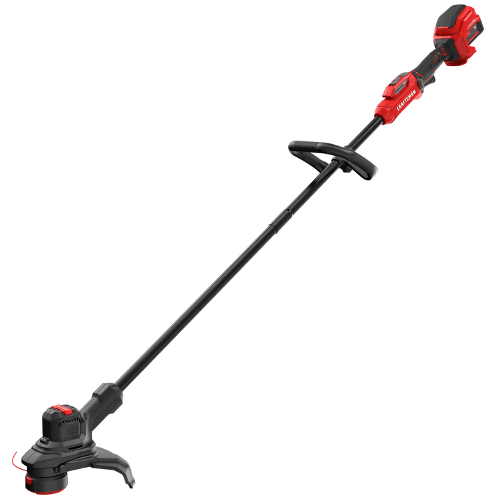 Craftsman cordless string trimmer CMCST930P1, red and black, side angle on white background.