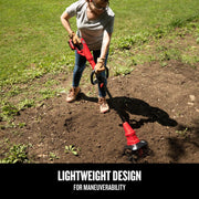 Person using Craftsman cordless cultivator CMCTL320B in garden soil, showing lightweight design and easy handling.