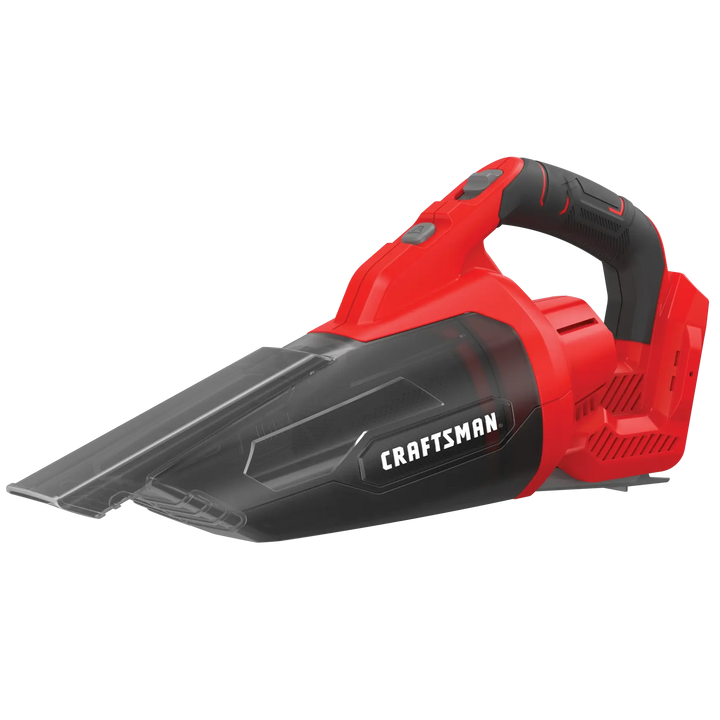 Photo of Craftsman portable handheld vacuum, model CMCVH001B, red and black, angled on white background.