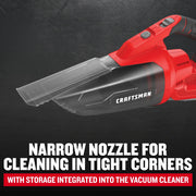 Photo of Craftsman handheld vacuum CMCVH001B with narrow nozzle attachment, black and red, side angle.