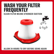 Photo of Craftsman air filter CMCVHF10 with red trim, pleated white filter, and washing instructions on white background.